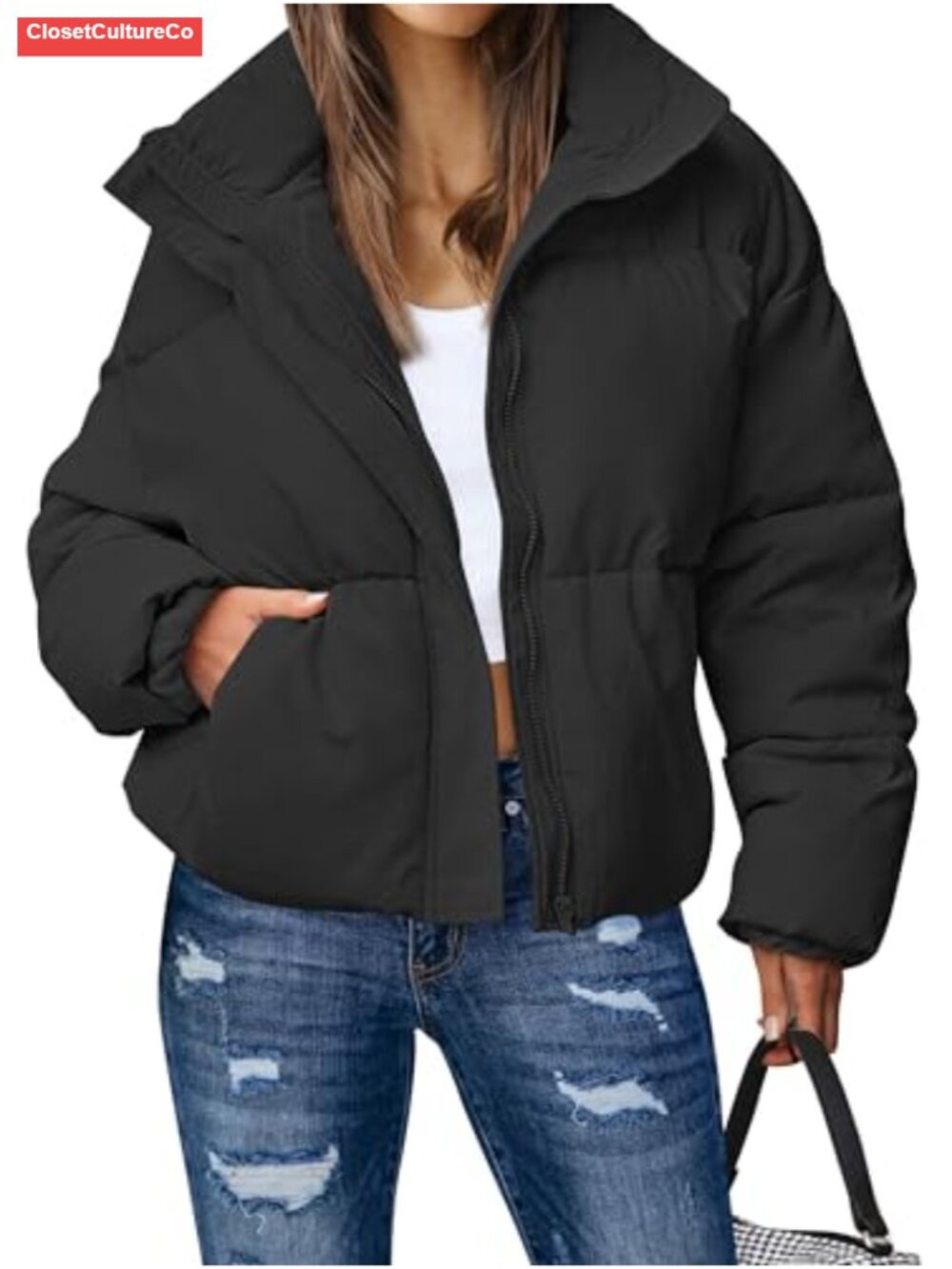 Women's Winter Long Sleeve Zip Puffer Jacket with Pockets Cropped Coat